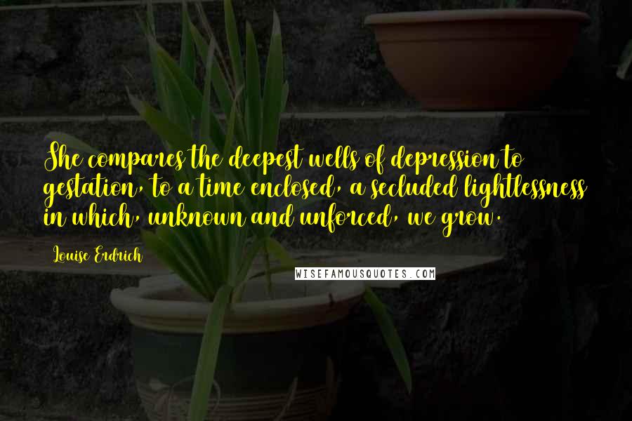 Louise Erdrich quotes: She compares the deepest wells of depression to gestation, to a time enclosed, a secluded lightlessness in which, unknown and unforced, we grow.