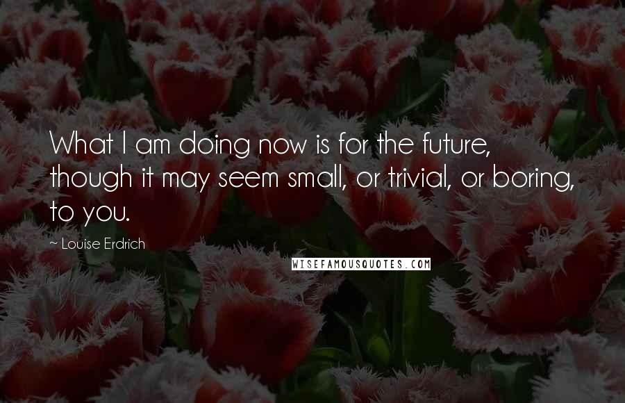 Louise Erdrich quotes: What I am doing now is for the future, though it may seem small, or trivial, or boring, to you. Louise Erdrich quotes: What I am doing now is for the future, though it may seem small, or trivial, or boring, to you.