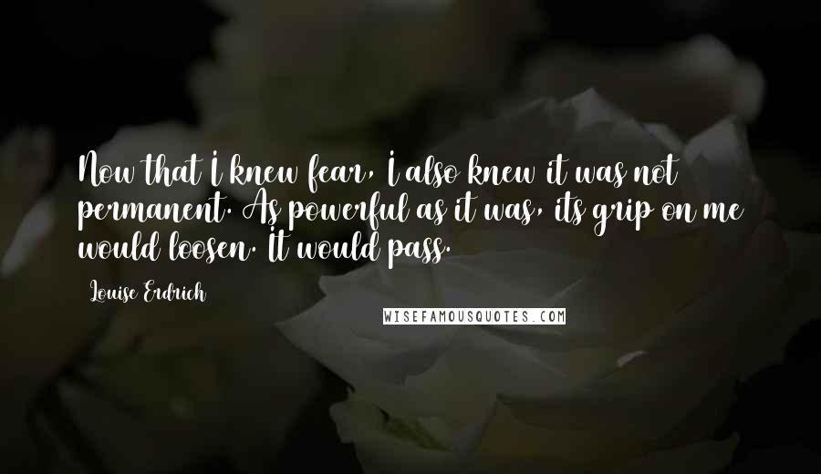 Louise Erdrich quotes: Now that I knew fear, I also knew it was not permanent. As powerful as it was, its grip on me would loosen. It would pass. Louise Erdrich quotes: Now that I knew fear, I also knew it was not permanent. As powerful as it was, its grip on me would loosen. It would pass.