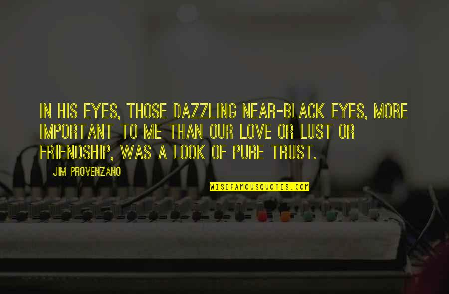 Love Friendship And Trust Quotes By Jim Provenzano: In his eyes, those dazzling near-black eyes, more