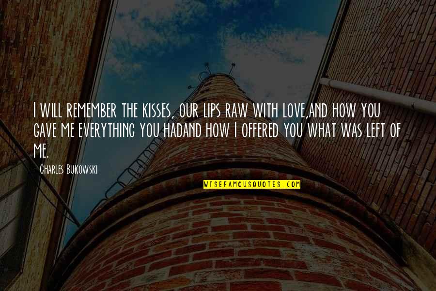 Love Kisses And Quotes By Charles Bukowski: I will remember the kisses, our lips raw Love Kisses And Quotes By Charles Bukowski: I will remember the kisses, our lips raw