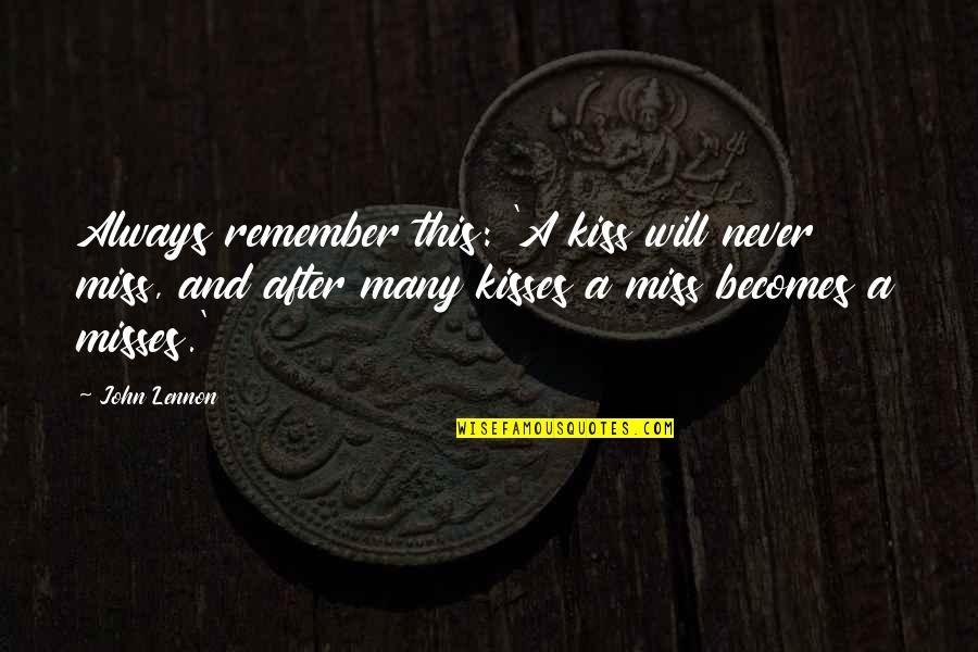 Love Kisses And Quotes By John Lennon: Always remember this: 'A kiss will never miss,