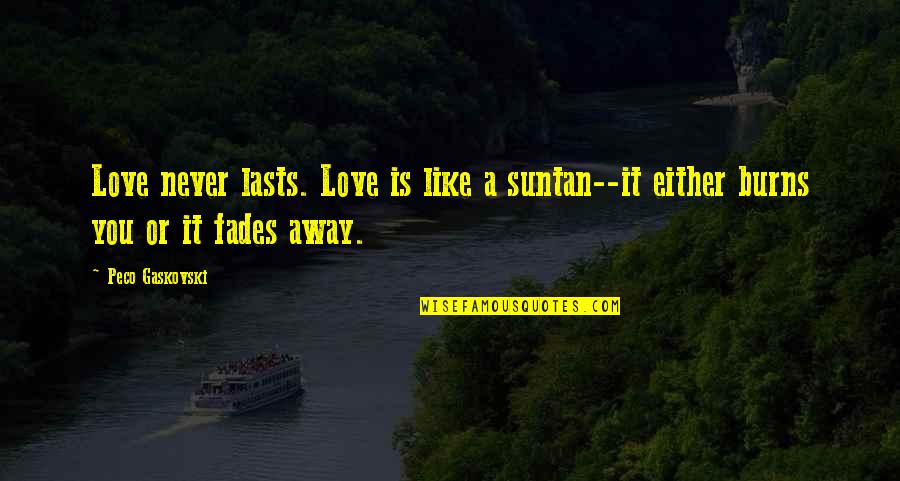 Love That Never Fades Quotes By Peco Gaskovski: Love never lasts. Love is like a suntan--it
