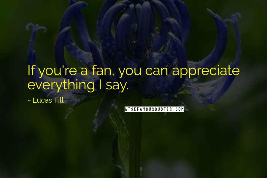 Lucas Till quotes: If you're a fan, you can appreciate everything I say.