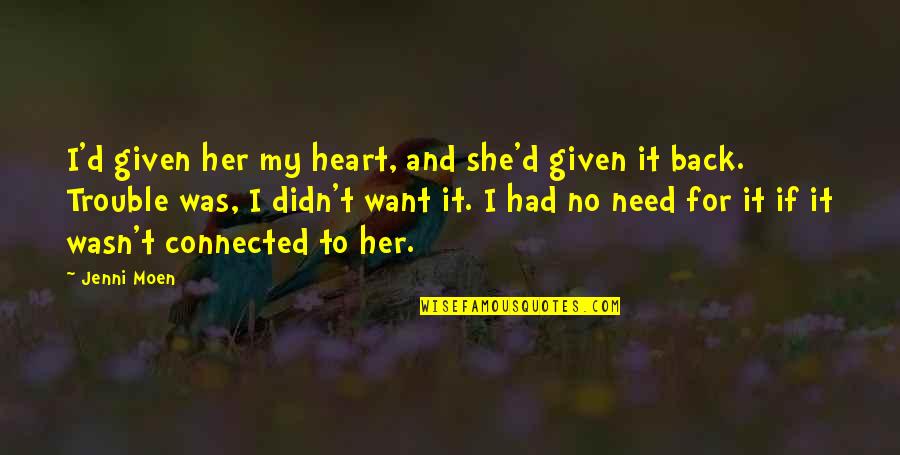 Lungless Slim Quotes By Jenni Moen: I'd given her my heart, and she'd given Lungless Slim Quotes By Jenni Moen: I'd given her my heart, and she'd given