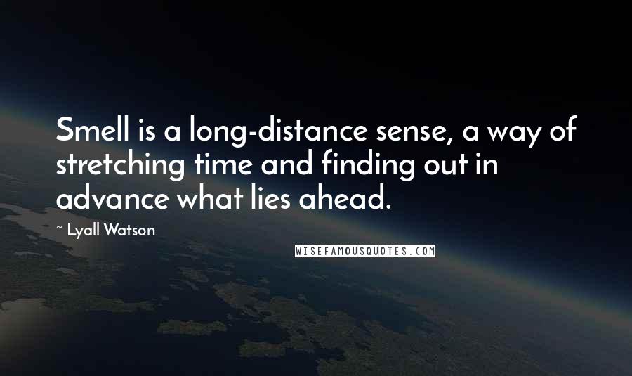 Lyall Watson quotes: Smell is a long-distance sense, a way of stretching time and finding out in advance what lies ahead. Lyall Watson quotes: Smell is a long-distance sense, a way of stretching time and finding out in advance what lies ahead.