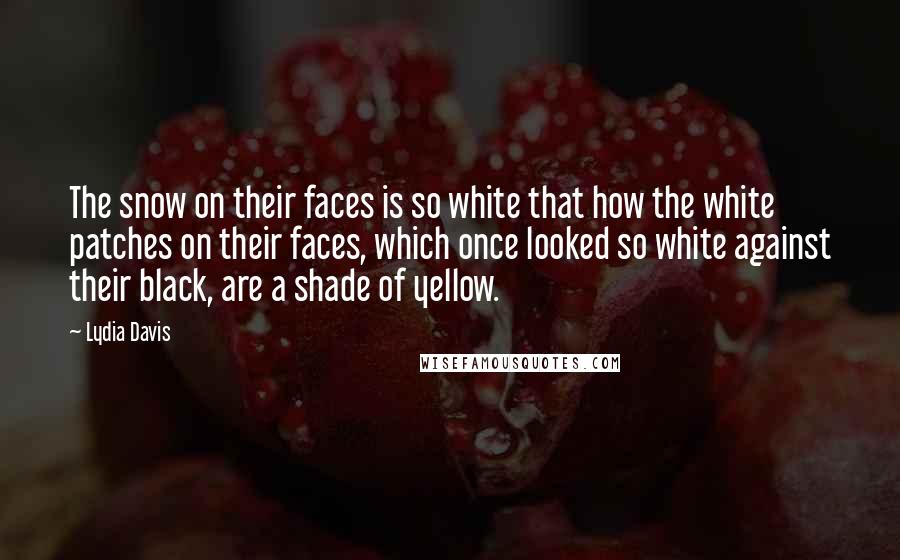 Lydia Davis quotes: The snow on their faces is so white that how the white patches on their faces, which once looked so white against their black, are a shade of yellow.