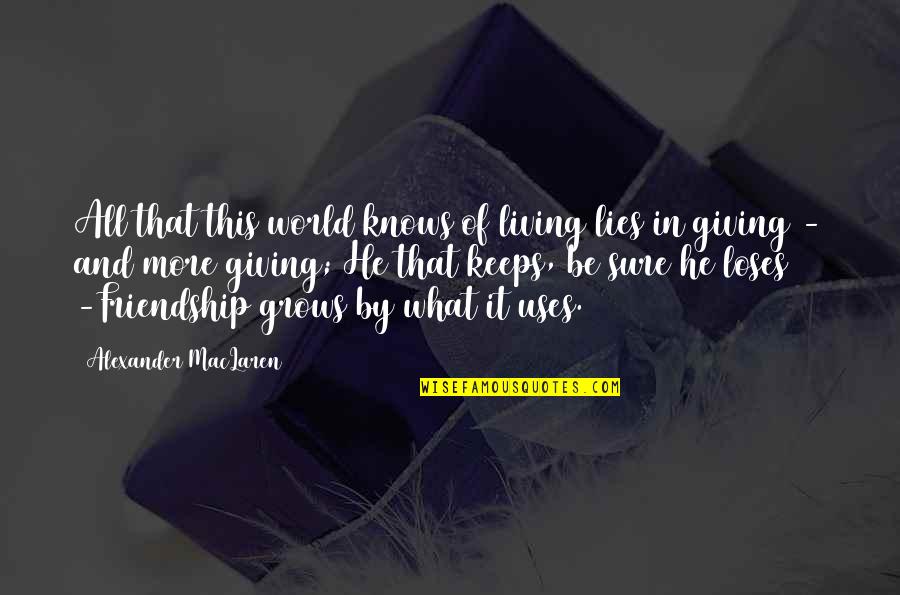 Lying Friendship Quotes By Alexander MacLaren: All that this world knows of living lies Lying Friendship Quotes By Alexander MacLaren: All that this world knows of living lies