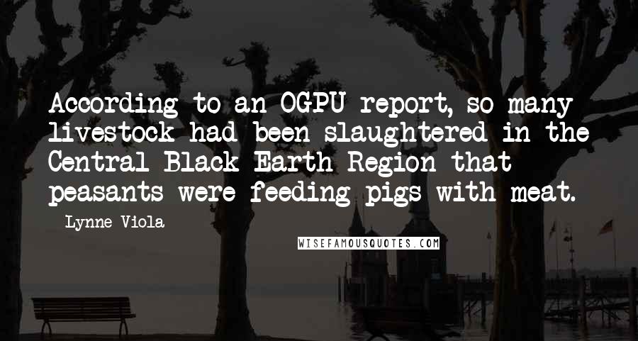 Lynne Viola quotes: According to an OGPU report, so many livestock had been slaughtered in the Central Black Earth Region that peasants were feeding pigs with meat.