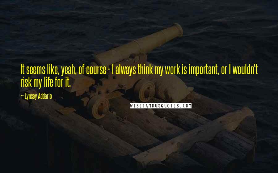 Lynsey Addario quotes: It seems like, yeah, of course - I always think my work is important, or I wouldn't risk my life for it. Lynsey Addario quotes: It seems like, yeah, of course - I always think my work is important, or I wouldn't risk my life for it.