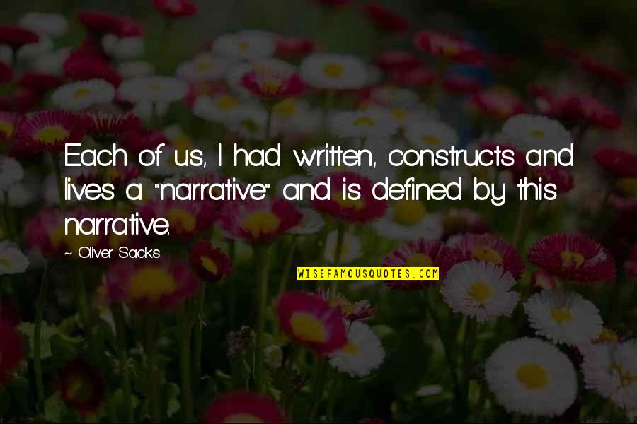 Lyvecap Quotes By Oliver Sacks: Each of us, I had written, constructs and Lyvecap Quotes By Oliver Sacks: Each of us, I had written, constructs and