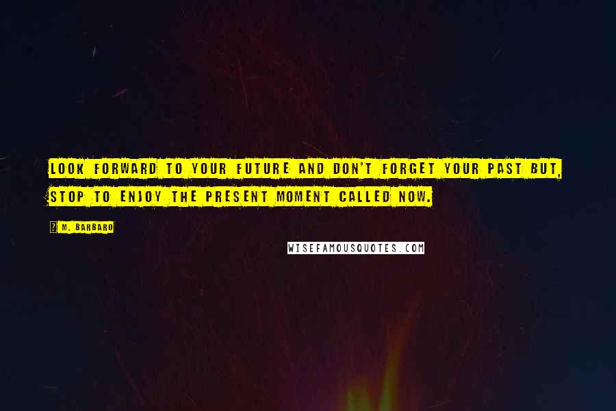 M. Barbaro quotes: Look forward to your future and don't forget your past but, stop to enjoy the present moment called now. M. Barbaro quotes: Look forward to your future and don't forget your past but, stop to enjoy the present moment called now.