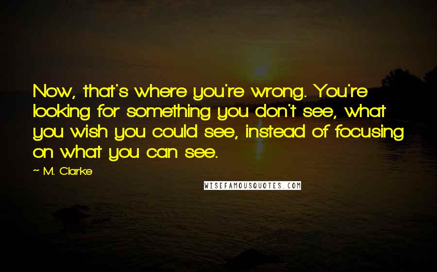 M. Clarke quotes: Now, that's where you're wrong. You're looking for something you don't see, what you wish you could see, instead of focusing on what you can see.