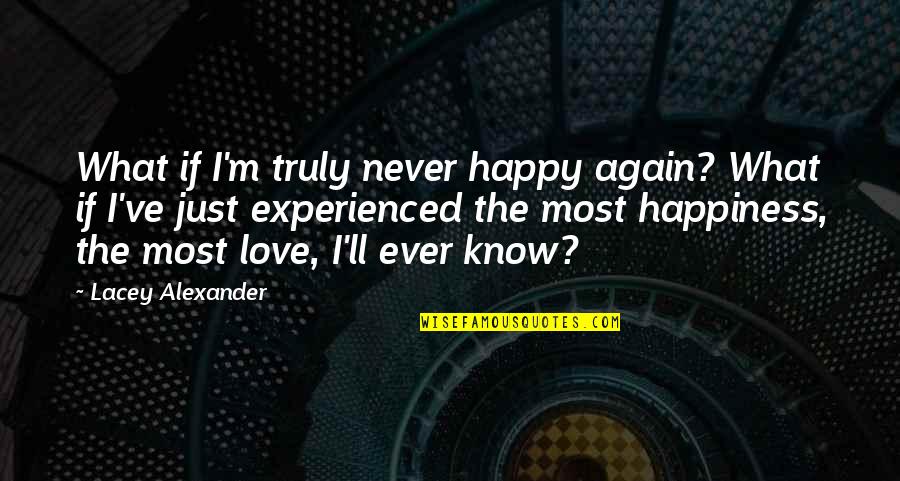 M Happy Again Quotes By Lacey Alexander: What if I'm truly never happy again? What