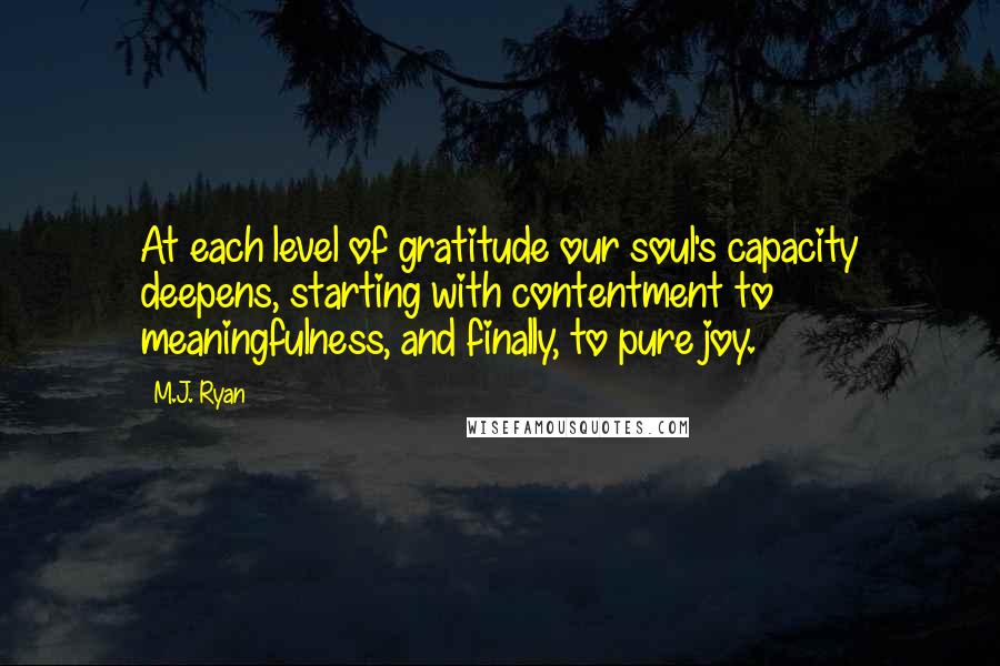 M.J. Ryan quotes: At each level of gratitude our soul's capacity deepens, starting with contentment to meaningfulness, and finally, to pure joy.