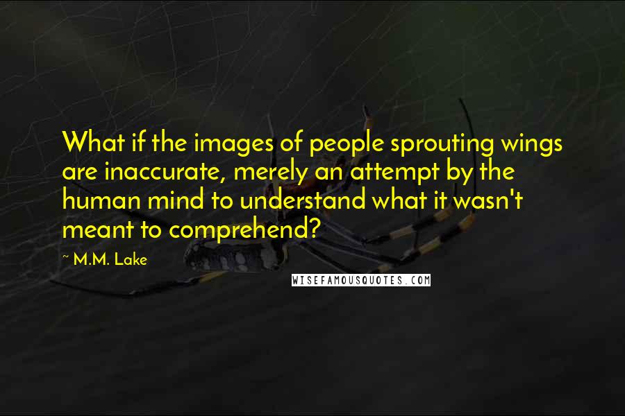 M.M. Lake quotes: What if the images of people sprouting wings are inaccurate, merely an attempt by the human mind to understand what it wasn't meant to comprehend? M.M. Lake quotes: What if the images of people sprouting wings are inaccurate, merely an attempt by the human mind to understand what it wasn't meant to comprehend?