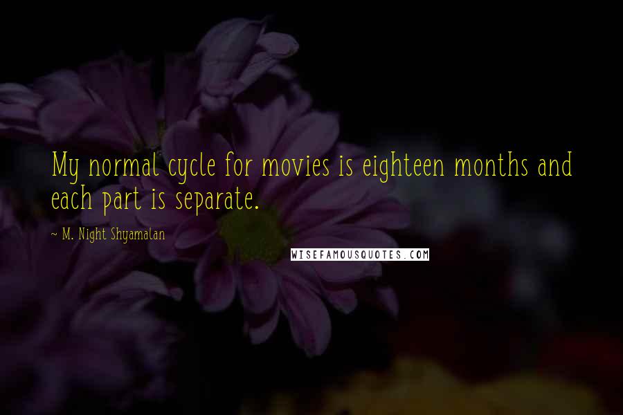 M. Night Shyamalan quotes: My normal cycle for movies is eighteen months and each part is separate.