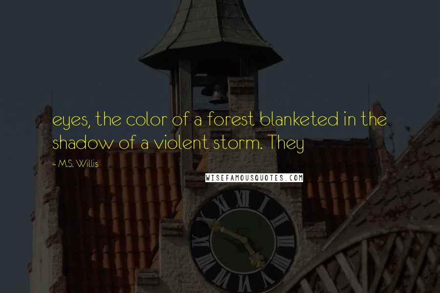 M.S. Willis quotes: eyes, the color of a forest blanketed in the shadow of a violent storm. They