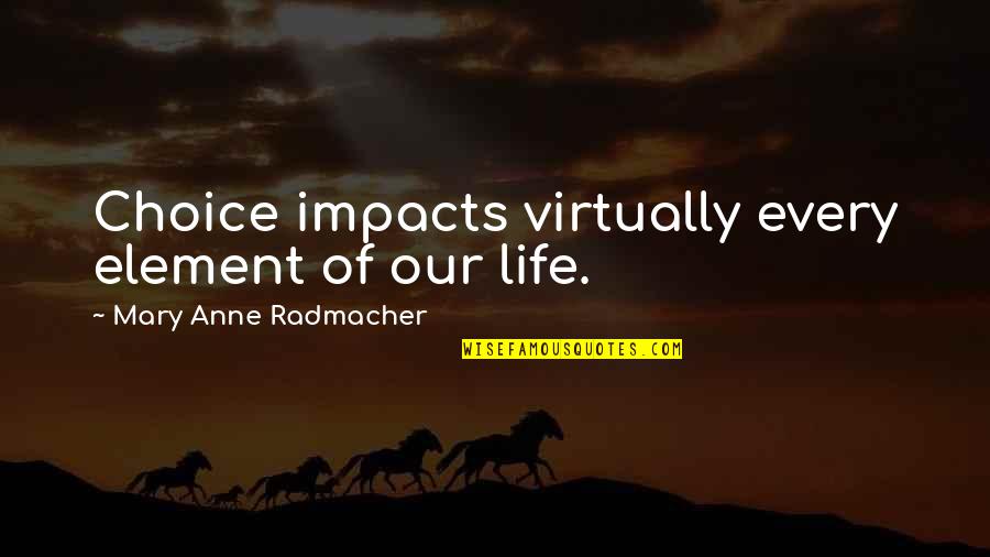Macandal Quotes By Mary Anne Radmacher: Choice impacts virtually every element of our life. Macandal Quotes By Mary Anne Radmacher: Choice impacts virtually every element of our life.