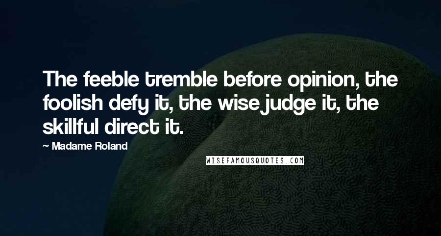 Madame Roland quotes: The feeble tremble before opinion, the foolish defy it, the wise judge it, the skillful direct it.