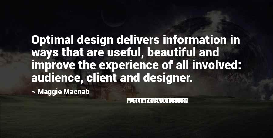 Maggie Macnab quotes: Optimal design delivers information in ways that are useful, beautiful and improve the experience of all involved: audience, client and designer. Maggie Macnab quotes: Optimal design delivers information in ways that are useful, beautiful and improve the experience of all involved: audience, client and designer.