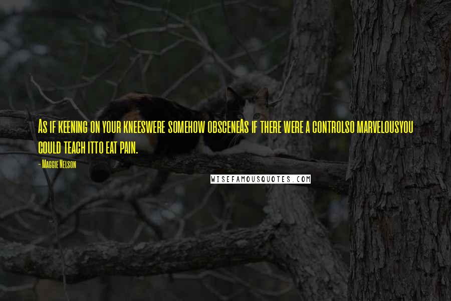 Maggie Nelson quotes: As if keening on your kneeswere somehow obsceneAs if there were a controlso marvelousyou could teach itto eat pain.