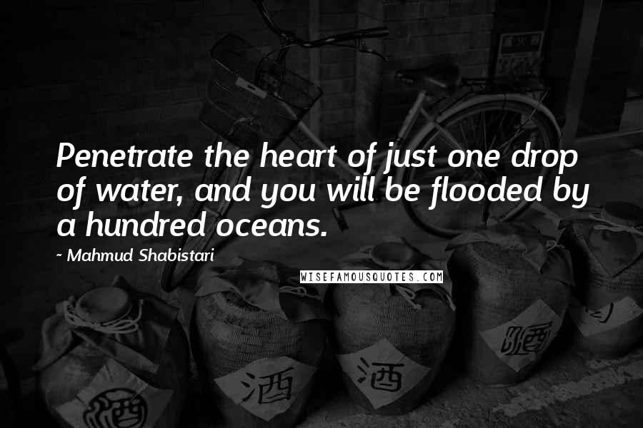 Mahmud Shabistari quotes: Penetrate the heart of just one drop of water, and you will be flooded by a hundred oceans.