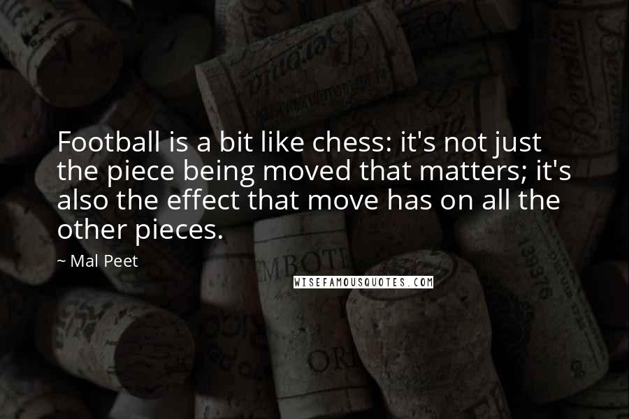 Mal Peet quotes: Football is a bit like chess: it's not just the piece being moved that matters; it's also the effect that move has on all the other pieces. Mal Peet quotes: Football is a bit like chess: it's not just the piece being moved that matters; it's also the effect that move has on all the other pieces.