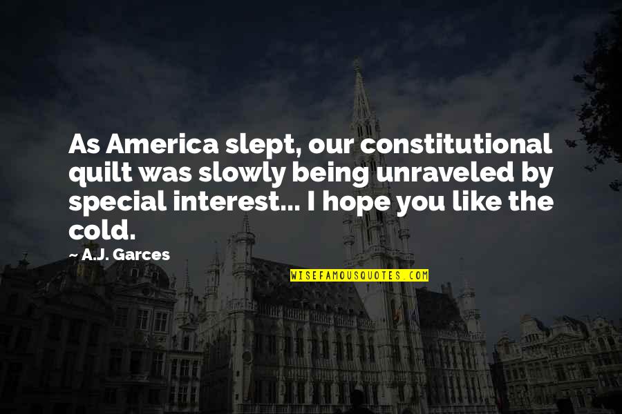 Malades Quotes By A.J. Garces: As America slept, our constitutional quilt was slowly