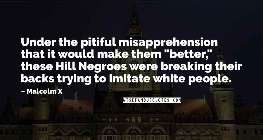 Malcolm X quotes: Under the pitiful misapprehension that it would make them "better," these Hill Negroes were breaking their backs trying to imitate white people.