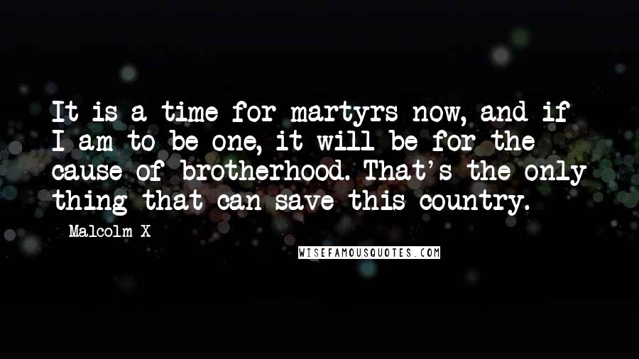 Malcolm X quotes: It is a time for martyrs now, and if I am to be one, it will be for the cause of brotherhood. That's the only thing that can save this