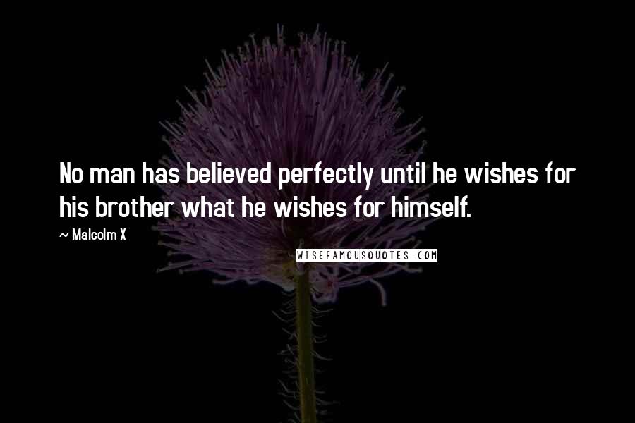 Malcolm X quotes: No man has believed perfectly until he wishes for his brother what he wishes for himself.
