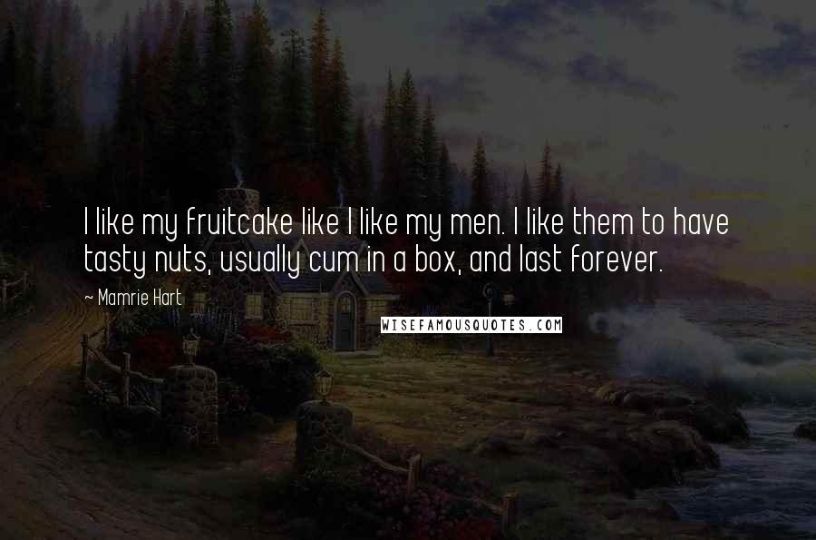 Mamrie Hart quotes: I like my fruitcake like I like my men. I like them to have tasty nuts, usually cum in a box, and last forever. Mamrie Hart quotes: I like my fruitcake like I like my men. I like them to have tasty nuts, usually cum in a box, and last forever.