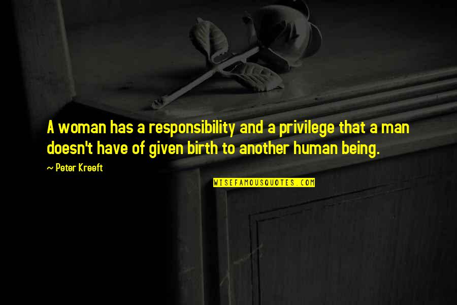 Man's Responsibility Quotes By Peter Kreeft: A woman has a responsibility and a privilege