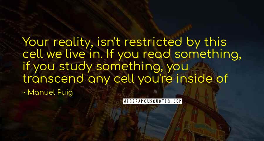 Manuel Puig quotes: Your reality, isn't restricted by this cell we live in. If you read something, if you study something, you transcend any cell you're inside of Manuel Puig quotes: Your reality, isn't restricted by this cell we live in. If you read something, if you study something, you transcend any cell you're inside of