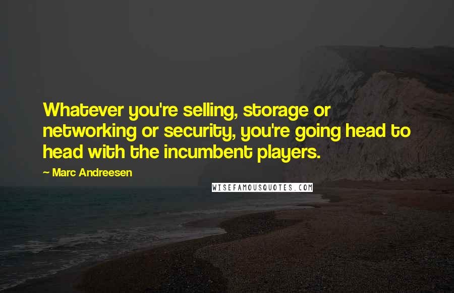 Marc Andreesen quotes: Whatever you're selling, storage or networking or security, you're going head to head with the incumbent players.