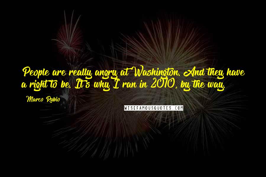 Marco Rubio quotes: People are really angry at Washington. And they have a right to be. It's why I ran in 2010, by the way. Marco Rubio quotes: People are really angry at Washington. And they have a right to be. It's why I ran in 2010, by the way.