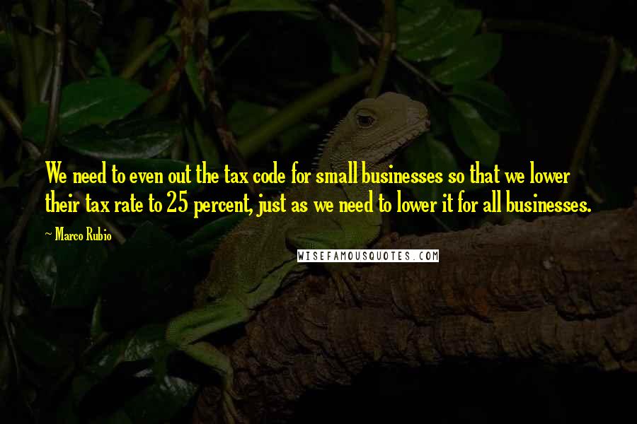 Marco Rubio quotes: We need to even out the tax code for small businesses so that we lower their tax rate to 25 percent, just as we need to lower it for all Marco Rubio quotes: We need to even out the tax code for small businesses so that we lower their tax rate to 25 percent, just as we need to lower it for all