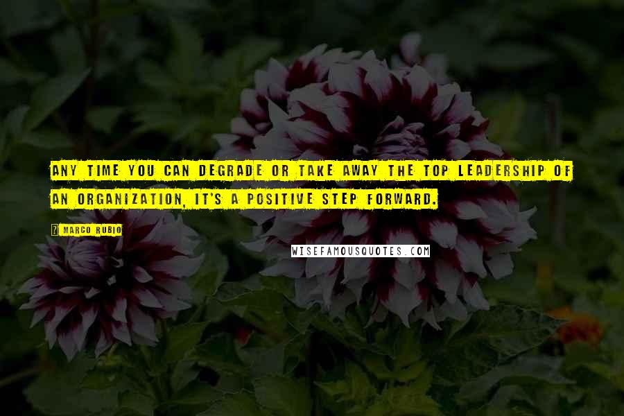 Marco Rubio quotes: Any time you can degrade or take away the top leadership of an organization, it's a positive step forward. Marco Rubio quotes: Any time you can degrade or take away the top leadership of an organization, it's a positive step forward.