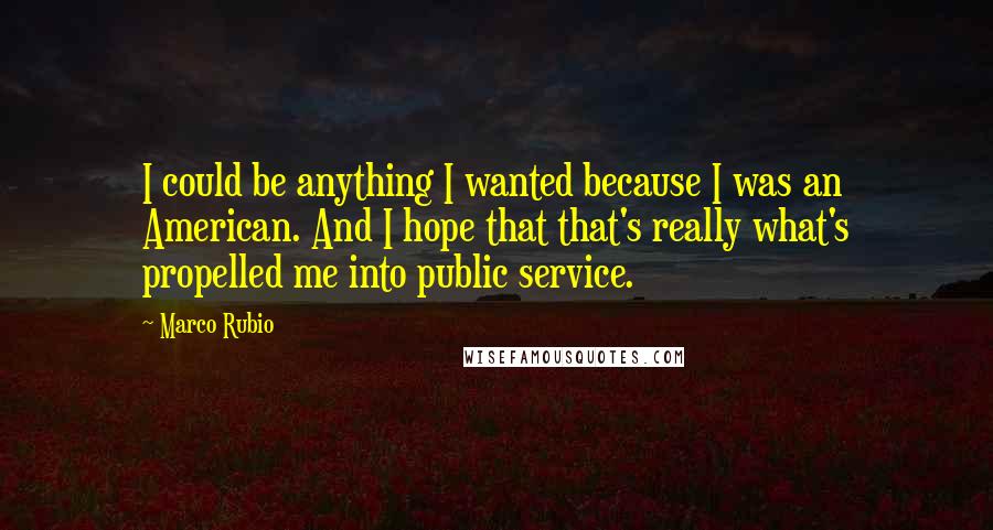 Marco Rubio quotes: I could be anything I wanted because I was an American. And I hope that that's really what's propelled me into public service. Marco Rubio quotes: I could be anything I wanted because I was an American. And I hope that that's really what's propelled me into public service.