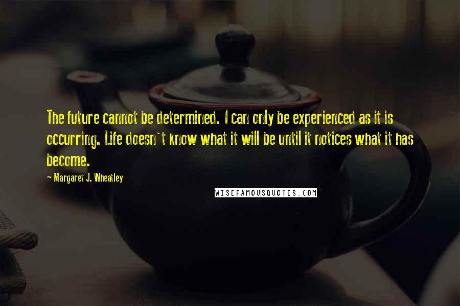 Margaret J. Wheatley quotes: The future cannot be determined. I can only be experienced as it is occurring. Life doesn't know what it will be until it notices what it has become. Margaret J. Wheatley quotes: The future cannot be determined. I can only be experienced as it is occurring. Life doesn't know what it will be until it notices what it has become.