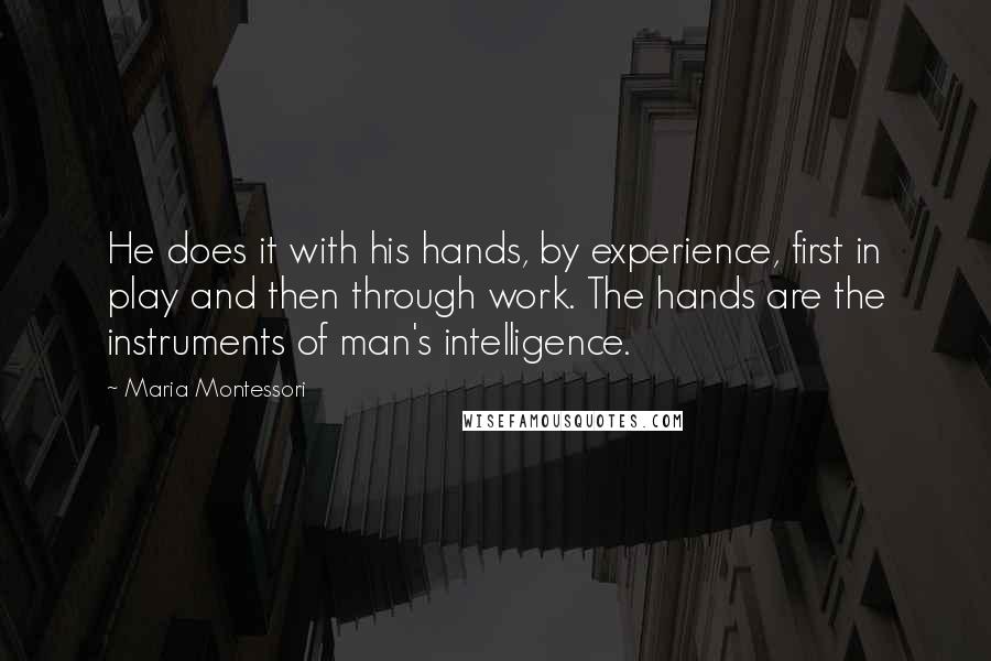 Maria Montessori quotes: He does it with his hands, by experience, first in play and then through work. The hands are the instruments of man's intelligence.