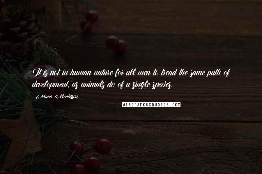 Maria Montessori quotes: It is not in human nature for all men to tread the same path of development, as animals do of a single species. Maria Montessori quotes: It is not in human nature for all men to tread the same path of development, as animals do of a single species.