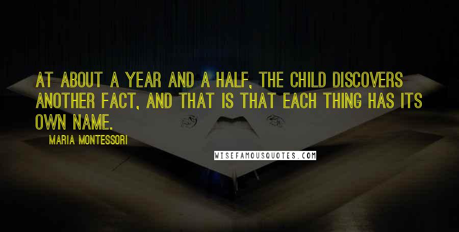 Maria Montessori quotes: At about a year and a half, the child discovers another fact, and that is that each thing has its own name.