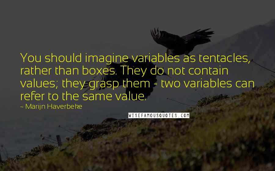 Marijn Haverbeke quotes: You should imagine variables as tentacles, rather than boxes. They do not contain values; they grasp them - two variables can refer to the same value.