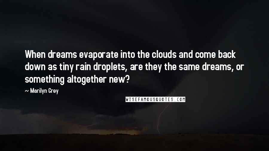 Marilyn Grey quotes: When dreams evaporate into the clouds and come back down as tiny rain droplets, are they the same dreams, or something altogether new? Marilyn Grey quotes: When dreams evaporate into the clouds and come back down as tiny rain droplets, are they the same dreams, or something altogether new?