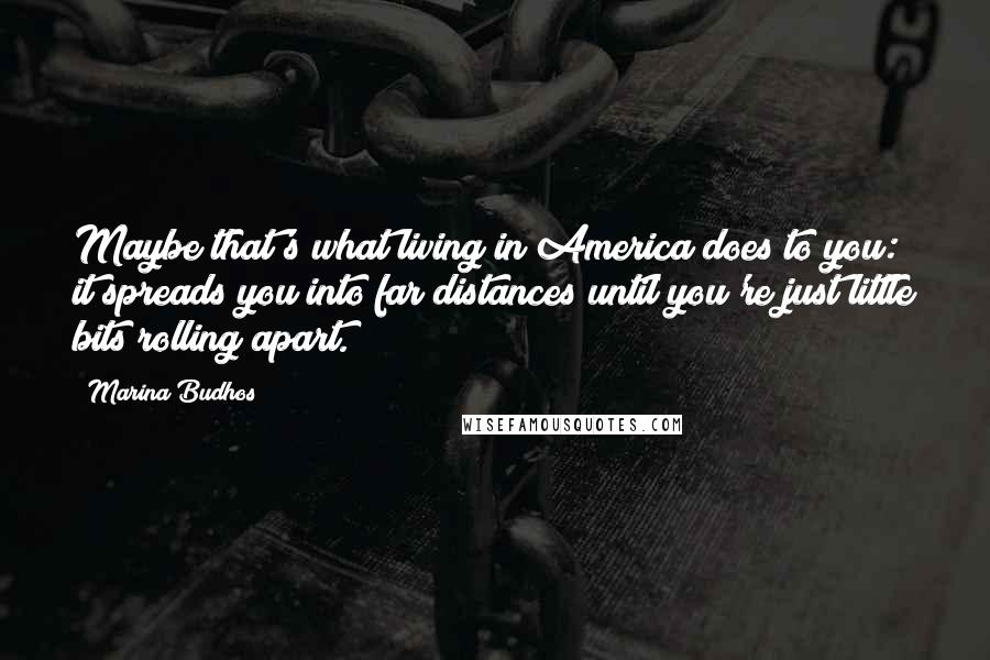 Marina Budhos quotes: Maybe that's what living in America does to you: it spreads you into far distances until you're just little bits rolling apart.