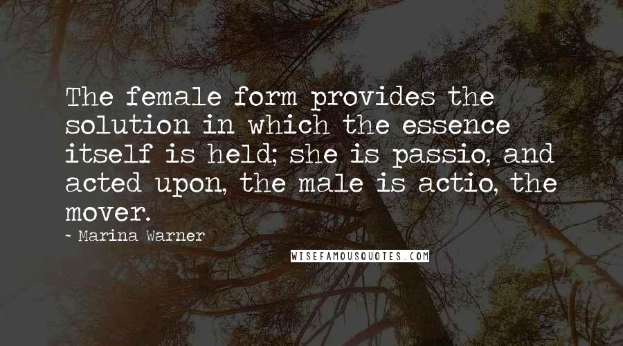 Marina Warner quotes: The female form provides the solution in which the essence itself is held; she is passio, and acted upon, the male is actio, the mover.