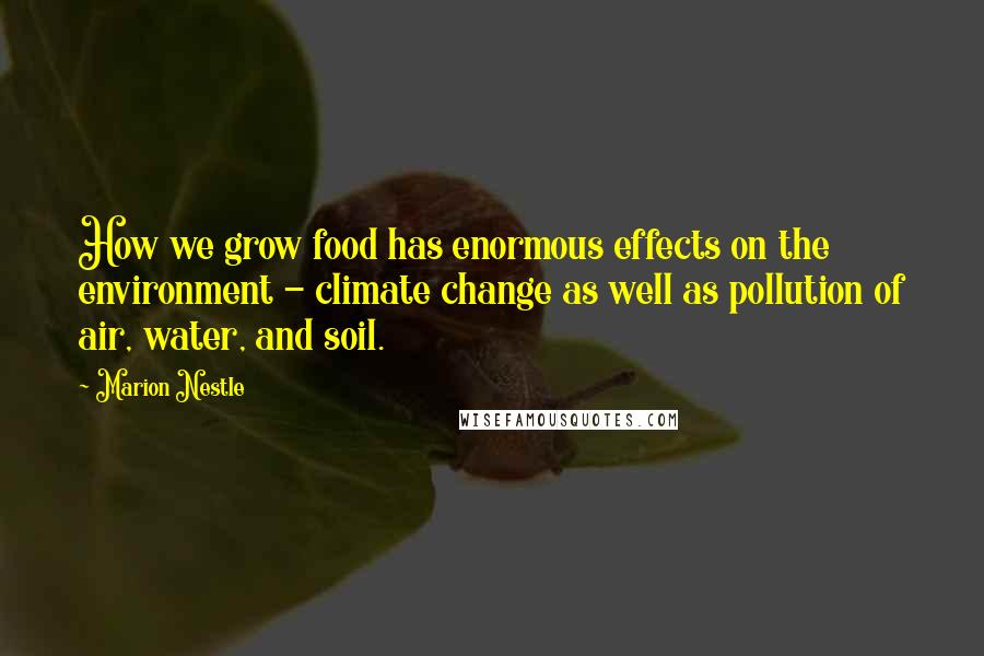 Marion Nestle quotes: How we grow food has enormous effects on the environment - climate change as well as pollution of air, water, and soil.