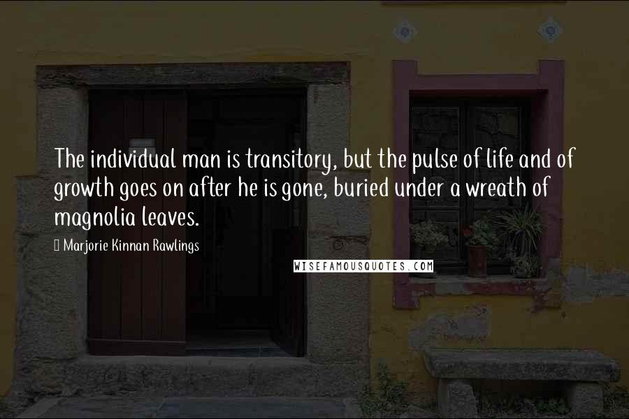 Marjorie Kinnan Rawlings quotes: The individual man is transitory, but the pulse of life and of growth goes on after he is gone, buried under a wreath of magnolia leaves.
